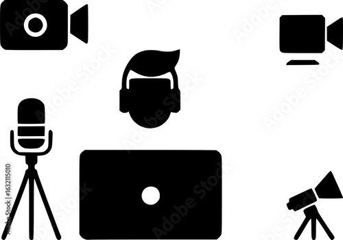 Content creator icon set. Video editing, content strategy, youtuber, blogger, monetization, podcast, live streaming, social network, subscribe and more. Solid vector icons collection.