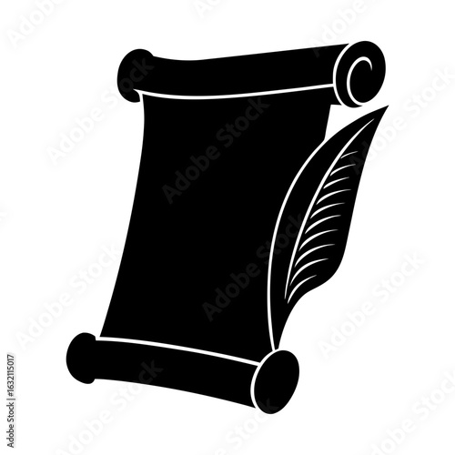 Ancient scroll document with feather quill writing manuscript silhouette
