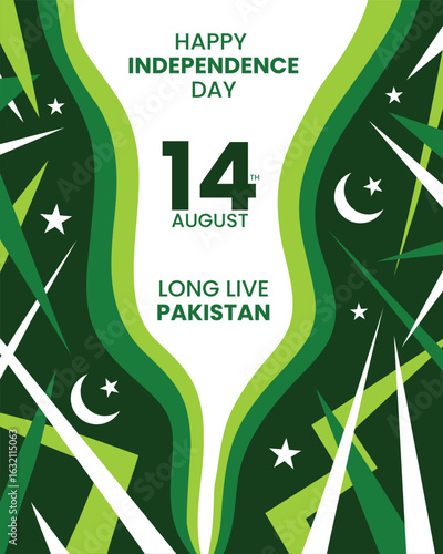Happy Pakistan Independence Day 14th august colorful abstract shapes green poster design