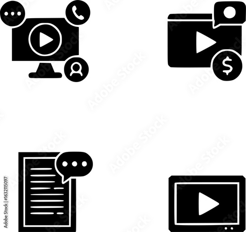 Content creator icon set. Video editing, content strategy, youtuber, blogger, monetization, podcast, live streaming, social network, subscribe and more. Solid vector icons collection.