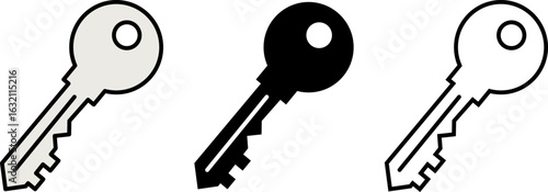 Three stylized keys in different shades: grey, black, and outline. Simple yet iconic symbols of security.