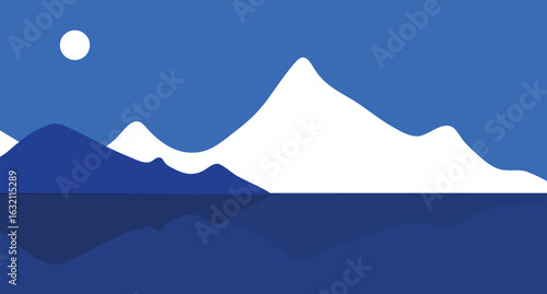 Bold blue mountain peaks with snowy tops and a deep navy sky. A dramatic and clean flat design landscape.