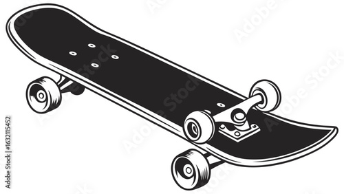 Black and White Vector Illustration of a Skateboard.