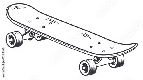 Detailed Line Art Illustration of a Skateboard with Wheels.