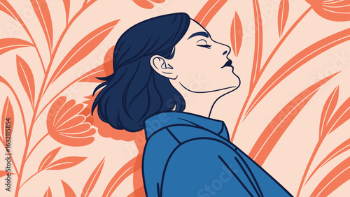 Peaceful Woman Profile Against Floral Pattern.