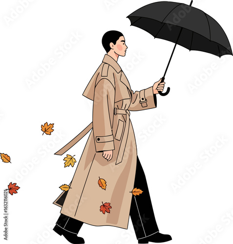 Stylish person in trench coat holding umbrella with falling autumn leaves around them