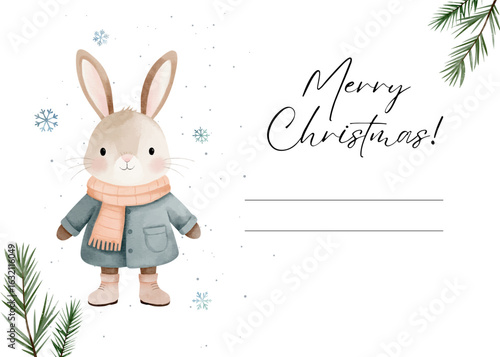 Merry christmas card with place for text and watercolor rabbit. Minimal holiday design with white background