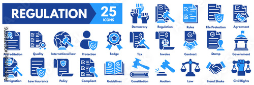 Regulation icon collection set vector illustration concept with icon of Constitution,Auction,Law,Hand Shake,Civil Rights,Democracy,Regulation,Rules,File Protection,Agreement,Accreditation,Quality 