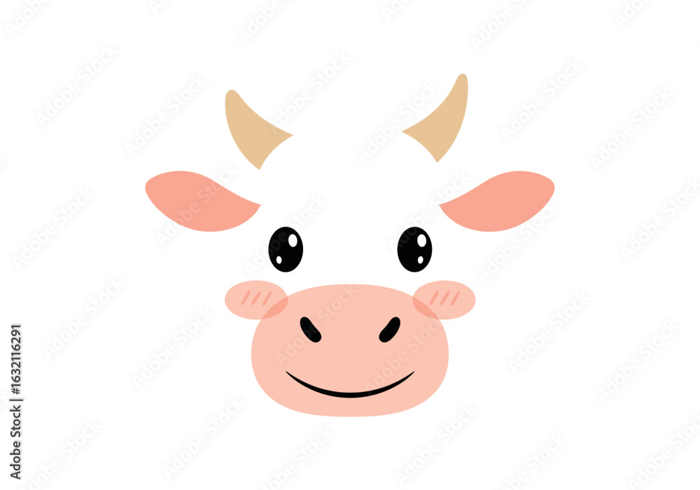 Fototapeta premium Adorable cartoon cow face with big eyes and pink cheeks funny farm animal illustration