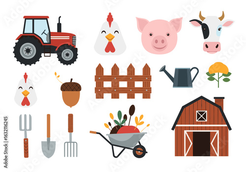 Colorful farm life icons representing rural agriculture and countryside living