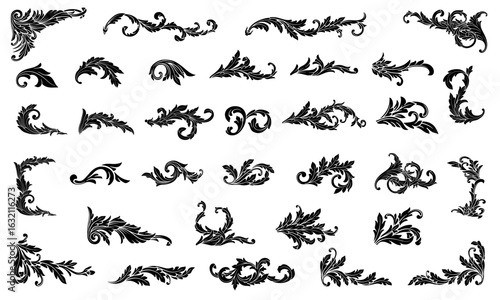 Set elegant black baroque corner border frame ornament. Vintage flourish filigree decorative scroll swirls renaissance motif pattern. Classic floral arabesque ornamental swirl flourish elements vector
