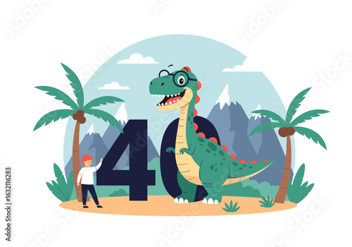 Joyful dinosaur celebration with young boy and tropical island scenery