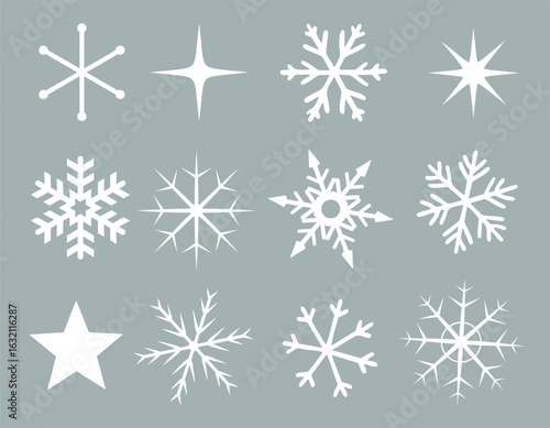 Simple flat snowflakes and stars. Clean silhouettes and geometric shapes. Perfect for winter designs.