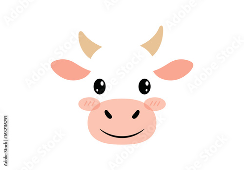 Adorable cartoon cow face with big eyes and pink cheeks funny farm animal illustration
