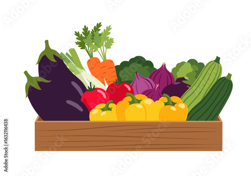 A colorful assortment of fresh vegetables inside a wooden crate