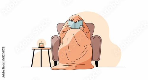 A person enjoys a quiet evening reading a book, wrapped in a blanket in a comfortable armchair by candlelight.