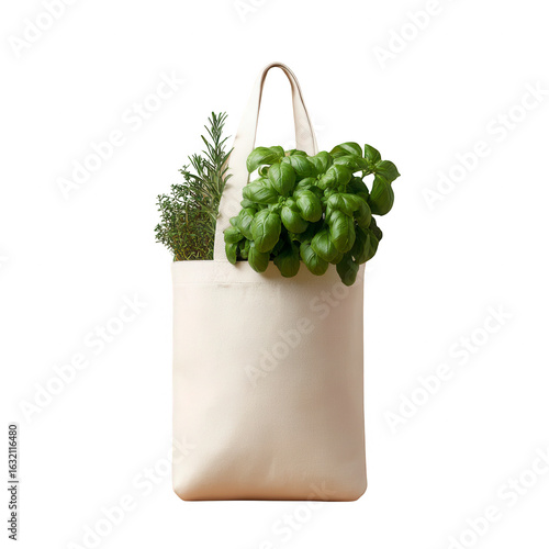 Cream-colored tote bag holding fresh herbs
