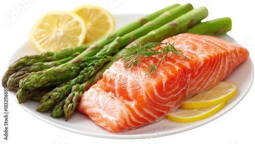 Fresh salmon fillet with asparagus and lemon slices on a white plate