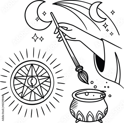 Occult Magic Line Icon Collection  Ritual Tools, Hands, and Celestial Objects