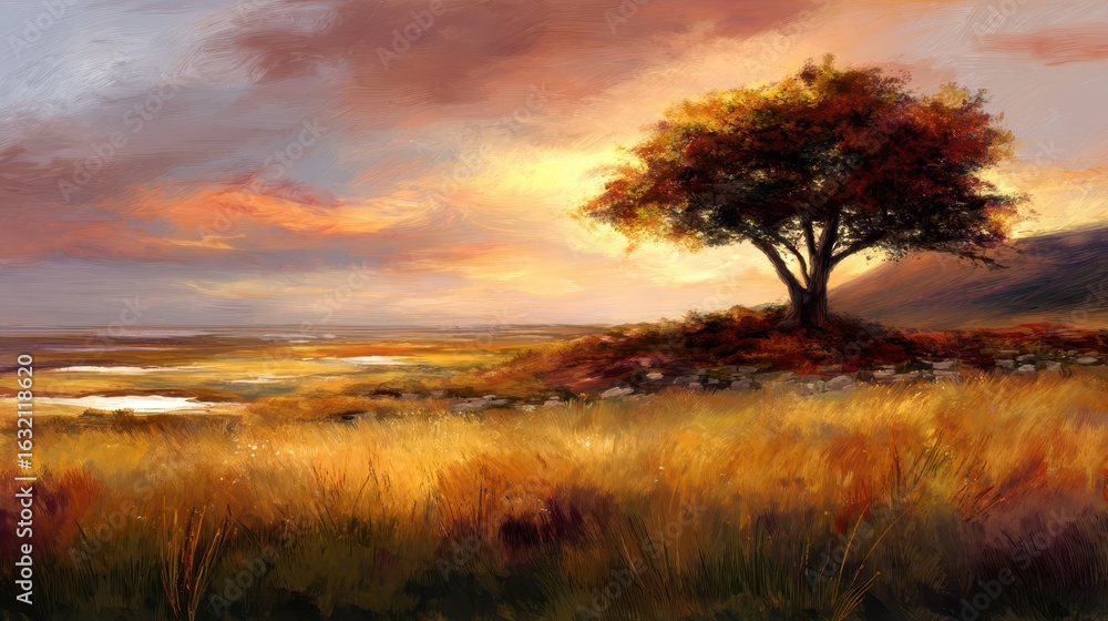 Fototapeta premium Golden hour landscape with lone tree.