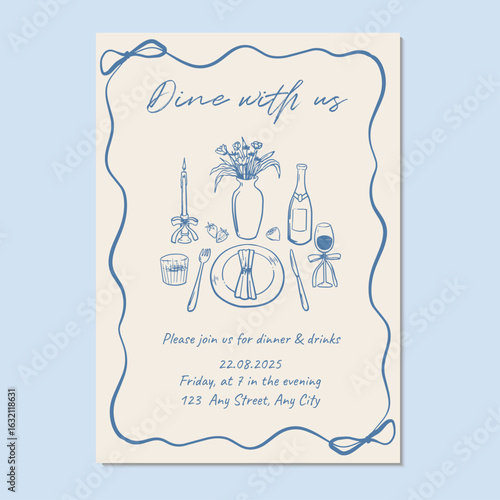 Hand drawn dinner invitation template. Vector illustration blue hand drawn dinner invitation with table settings and ribbon frame