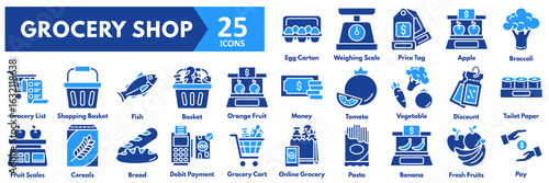 Grocery Shop icon set. with icons of egg carton, weighing scale, price tag, apple, broccoli, grocery list, shopping basket, fish, basket, orange fruit, money, tomato, vegetable, discount, toilet paper