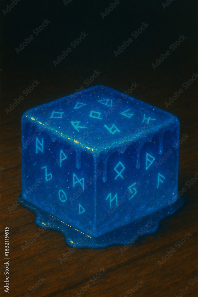 Obraz premium Runic Blue Cube Dessert with Melting Glaze and Magical Symbols