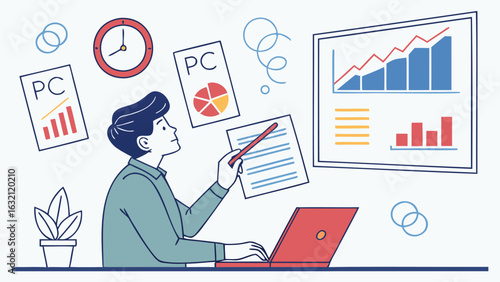 Illustration of a man working on a laptop with charts and graphs around him in a modern office space
