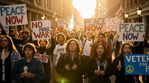 Peace Now, No More War. A diverse crowd of activists marching in a street protest for peace and an end to conflict.