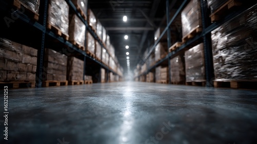 A dark industrial warehouse filled with shelves of products  long title A dimly lit expansive warehouse interior filled with rows of shelves ed with