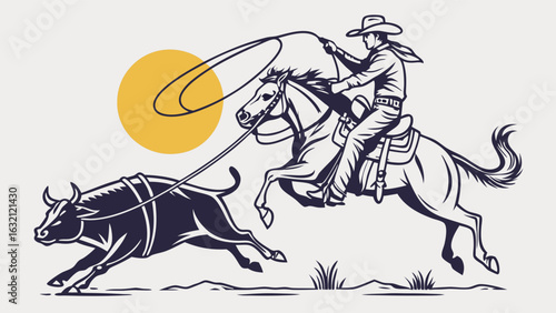 Cowboy Roping a Bull on Horseback with Sun in Background.