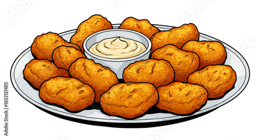 Chicken nuggets on a plate with creamy dip  