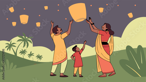 Family releasing sky lanterns during a festival celebration at night.