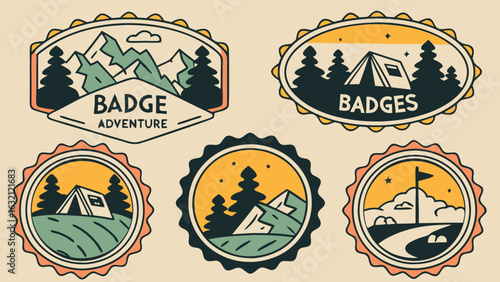 Retro Camping and Hiking Adventure Badges Set.