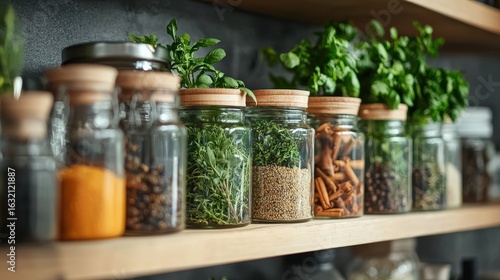 Fototapeta Naklejka Na Ścianę i Meble -  Organic herbs and spices in jars