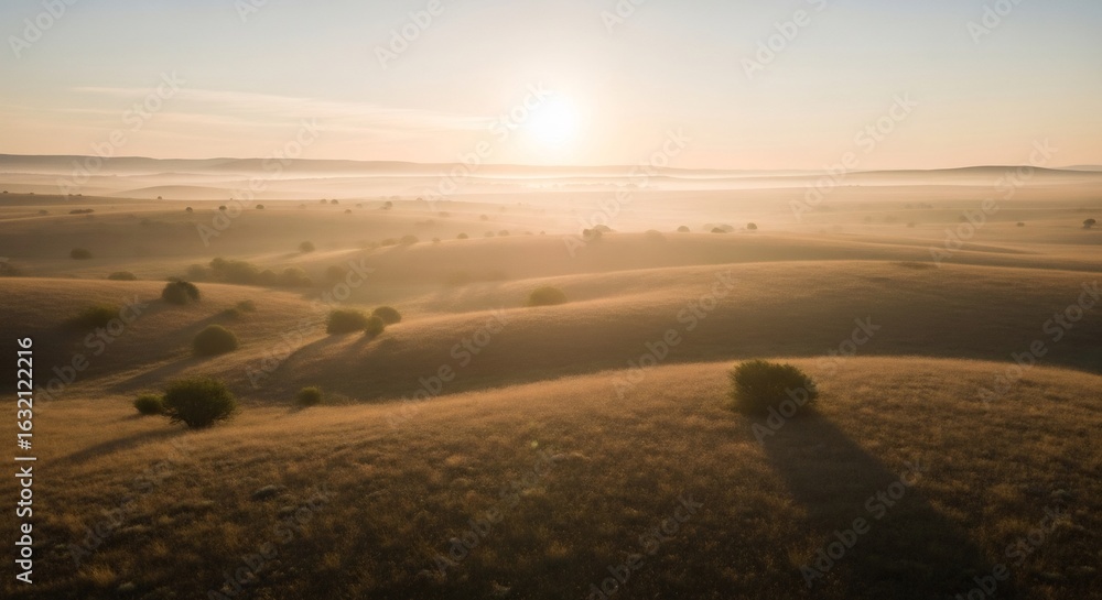 Fototapeta premium Golden Sunrise Over Rolling Hills Misty Morning Landscape.