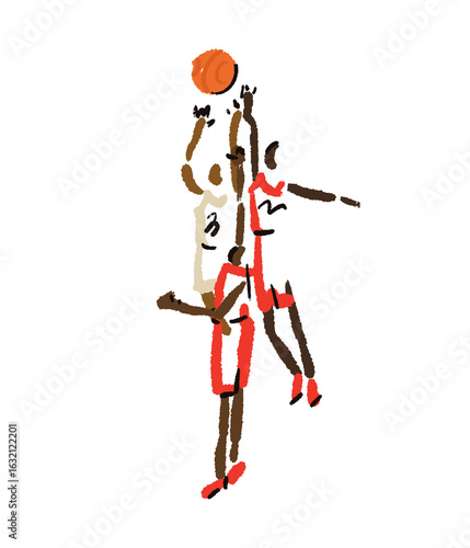 Rough sketch of basketball game, basketball players with ball, illustration