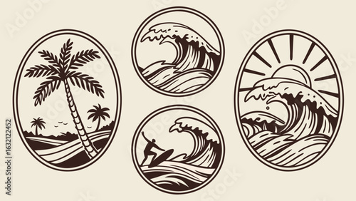 VintageStyle Coastal Illustrations Featuring Palm Trees Waves and Surfer.