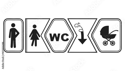  Four washroom icons aligned in one line including male, female, WC, and baby change, transparent background vector illustration for restroom and bathroom signage.