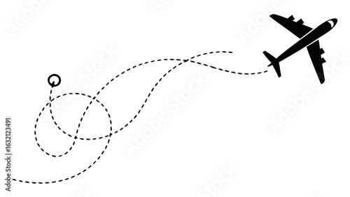 Airplane flying with dotted line route from start to destination point, transparent background vector illustration for travel, tourism, trip planning, and holiday journey design.