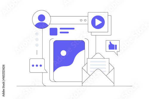 Social media marketing strategy. Email, tag, digital marketing strategy, social media management. SMM, brand insight, campaign strategy development. Flat Cartoon Vector Illustration, icon Stylish web