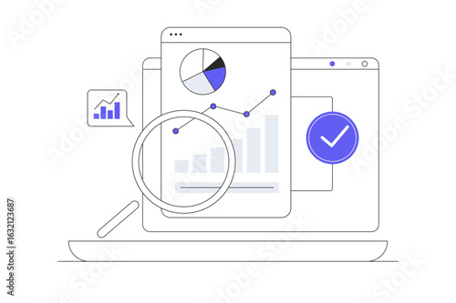 Performance data analysis concepts, investment reports, marketing studies, audition services. Business performance report. Flat Cartoon Vector Illustration, icon Stylish abstract design landing page