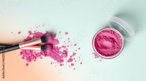 Overhead shot of pink eye shadow powder with makeup brushes and container on a pastel background, perfect for beauty and cosmetic product photography and flatlays