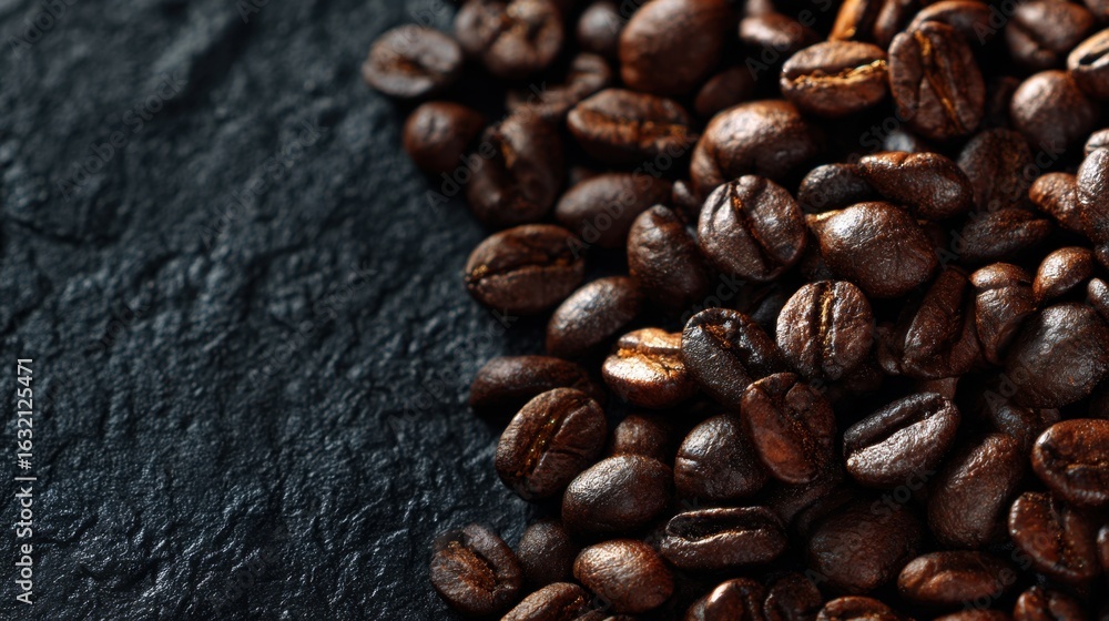 Fototapeta premium Freshly Roasted Coffee Beans on Textured Dark Surface Background