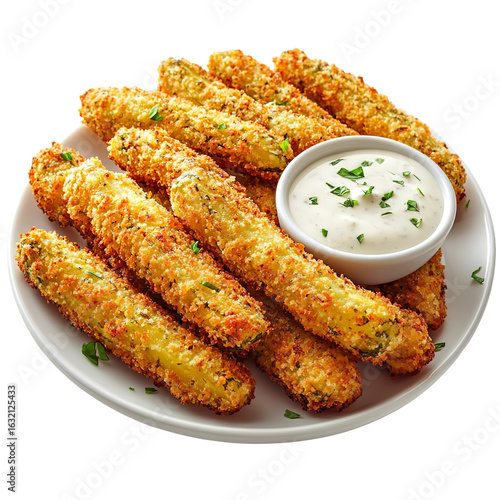 Fried pickle spears on plate with dip isolated on transparent background