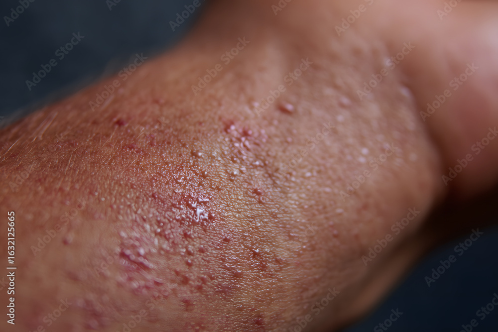 Fototapeta premium Close-up of sweaty skin with symptoms of a heat rash, also known as miliaria or sudamina, showing small red bumps and blisters caused by blocked sweat ducts