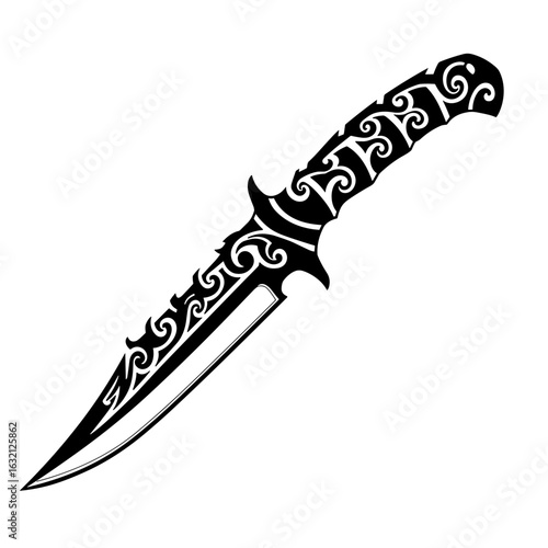 Decorative combat knife with intricate patterns and sharp blade  