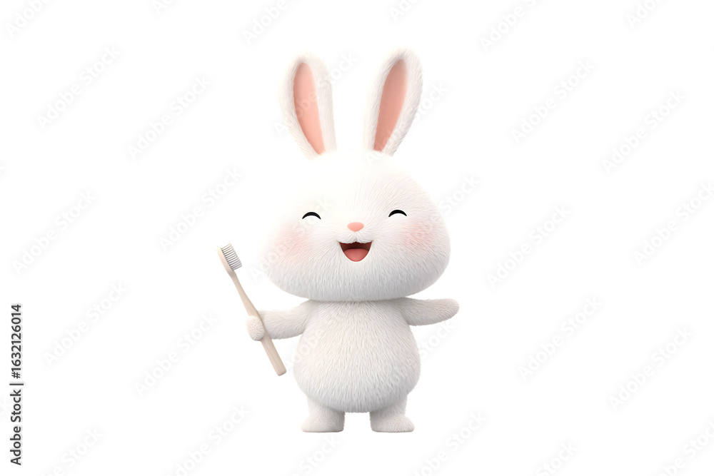 Obraz premium A cute bunny child brushing its teeth with sparkly bubbles flying out, smiling proudly at the camera, 3d animation, isolated on white background