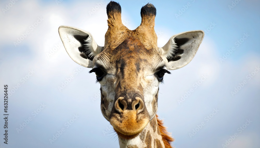 Naklejka premium Close-up portrait of a giraffe against a clear blue sky in its natural habitat