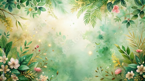 Enchanted Garden A Serene Watercolor Floral Design with Lush Greenery and Soft Light Effects